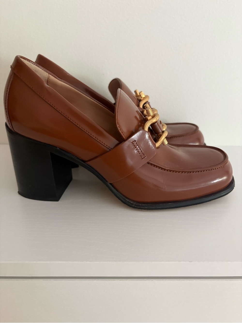 Bottega Veneta Tan Brown Patent Leather Block-Heel Loafers with Gold Chain